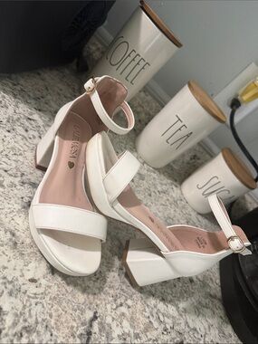 Girls' White Block Heel Sandals with Ankle Strap
